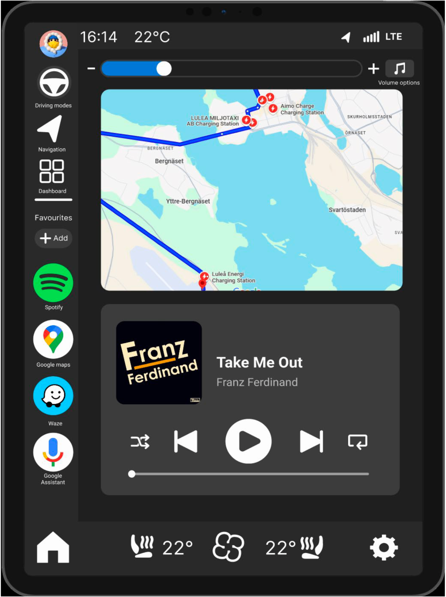 Redesigned Volvo infotainment home screen showing a central map, left-side navigation, persistent volume control, media panel and home button.