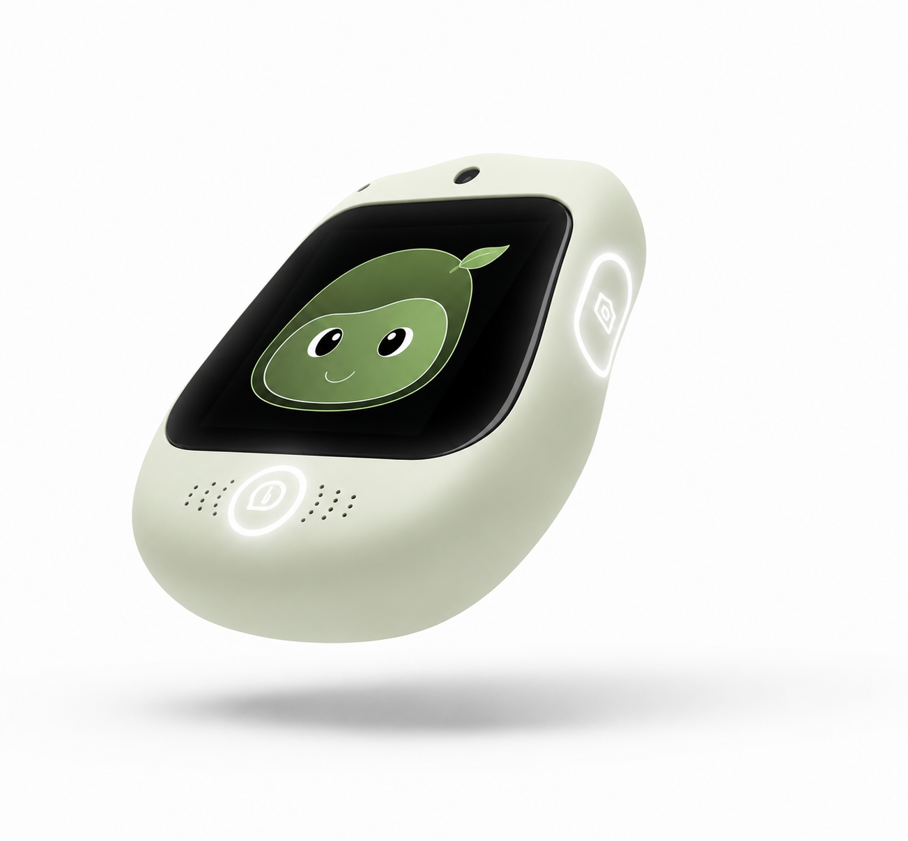 Clean render of GIDO, a small rounded recycling assistant with a friendly leaf character on the screen, floating on a white background.