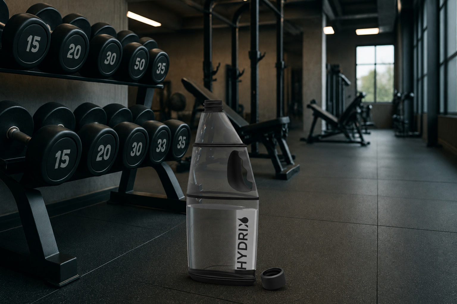 Rendered Hydrix water bottle standing beside a rack of dumbbells in a gym setting.